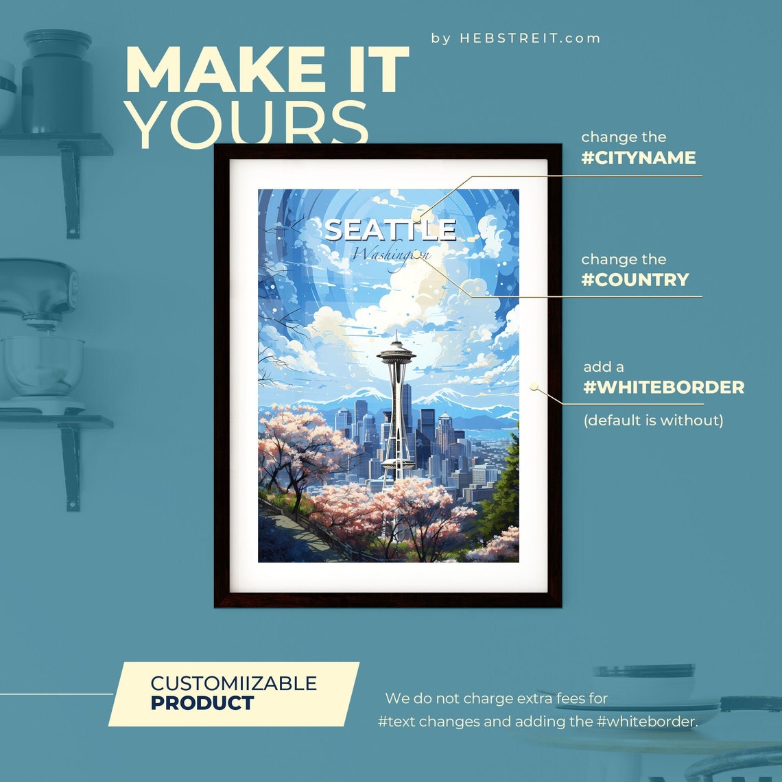 Seattle Washington Space Needle Cherry Blossoms Skyline Poster - Image 2