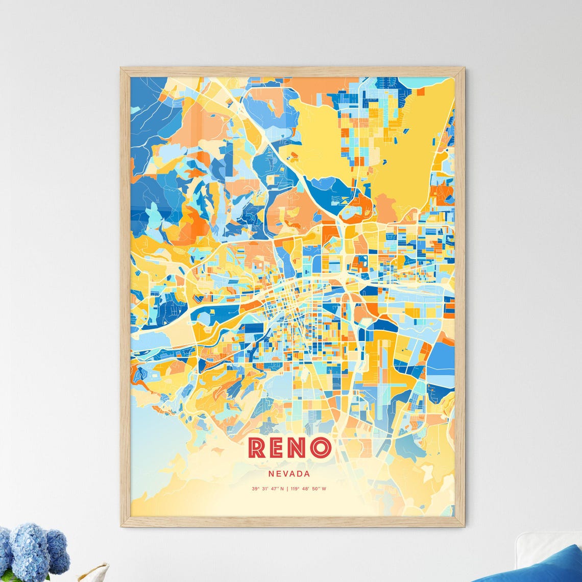 Reno Nevada Colorful City Map Art Coordinates Vibrant Poster