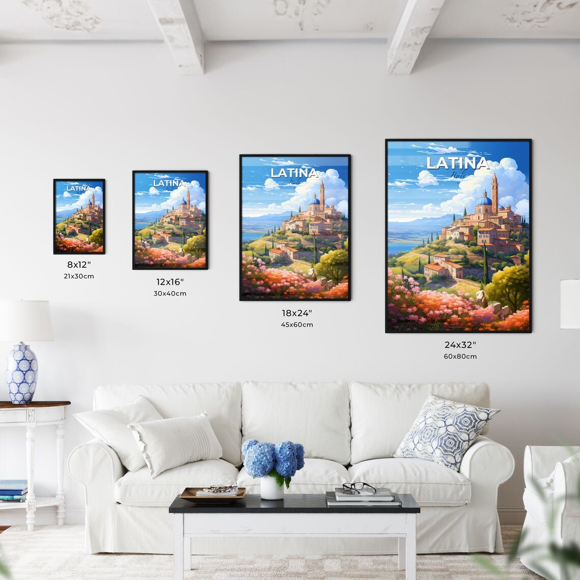 Latina Italy Hilltop Old Town Church Spring Flowers Travel Poster - Image 3