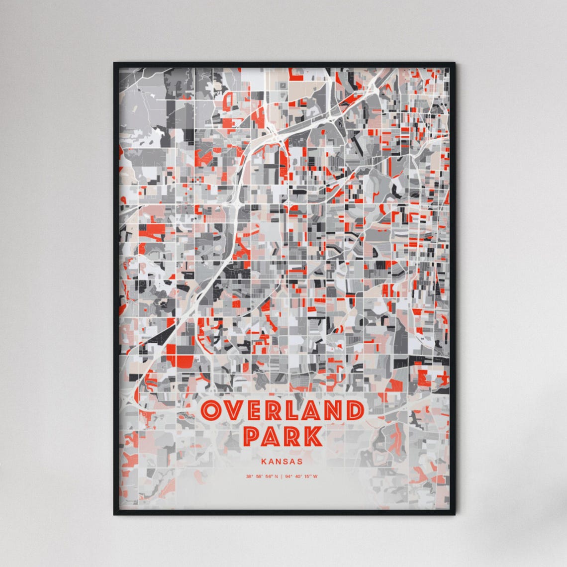 Overland Park Kansas Expressive Red Abstract City Map Art Poster