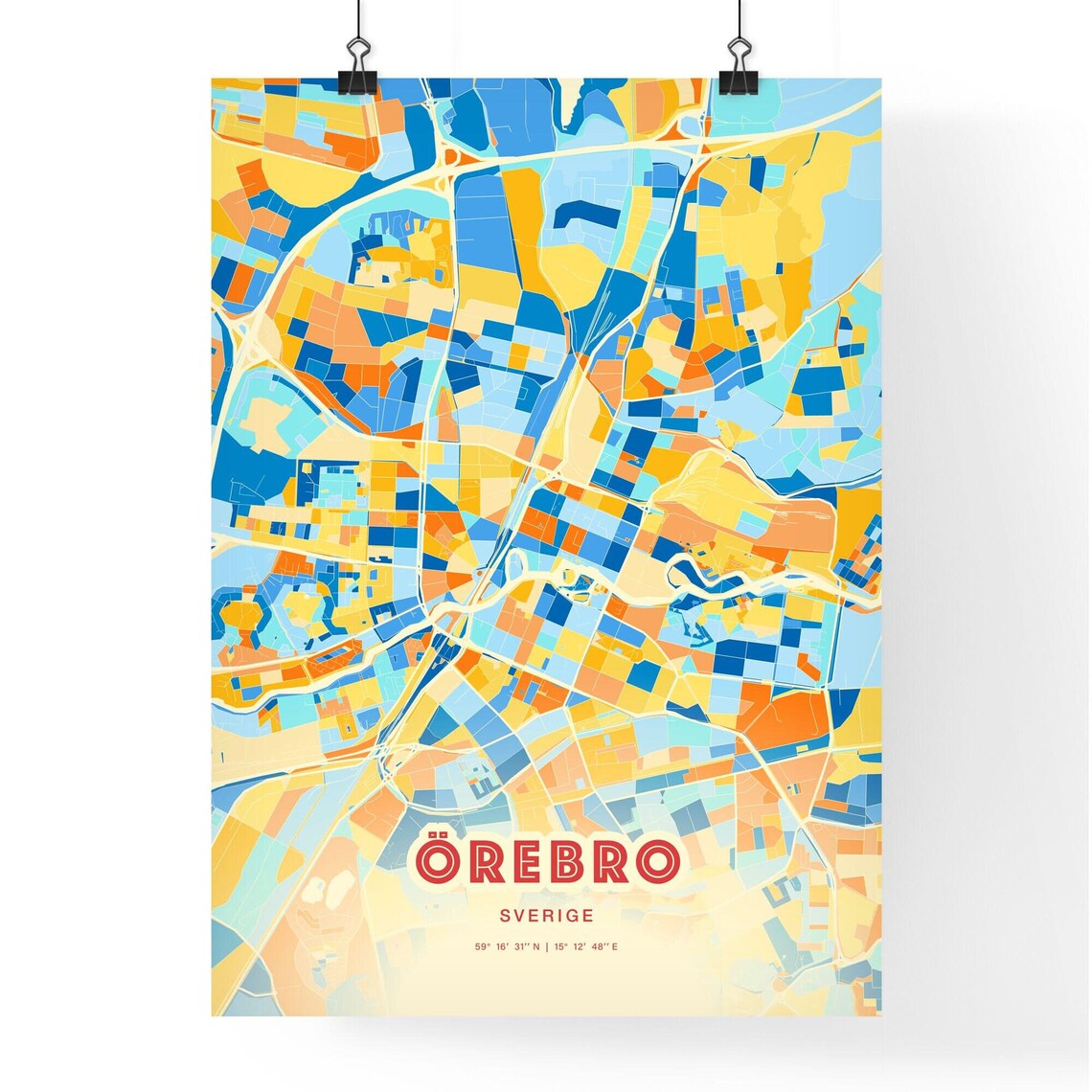 Orebro Sweden Blue Orange Colorful City Map Art Poster With Coordinates - Image 3
