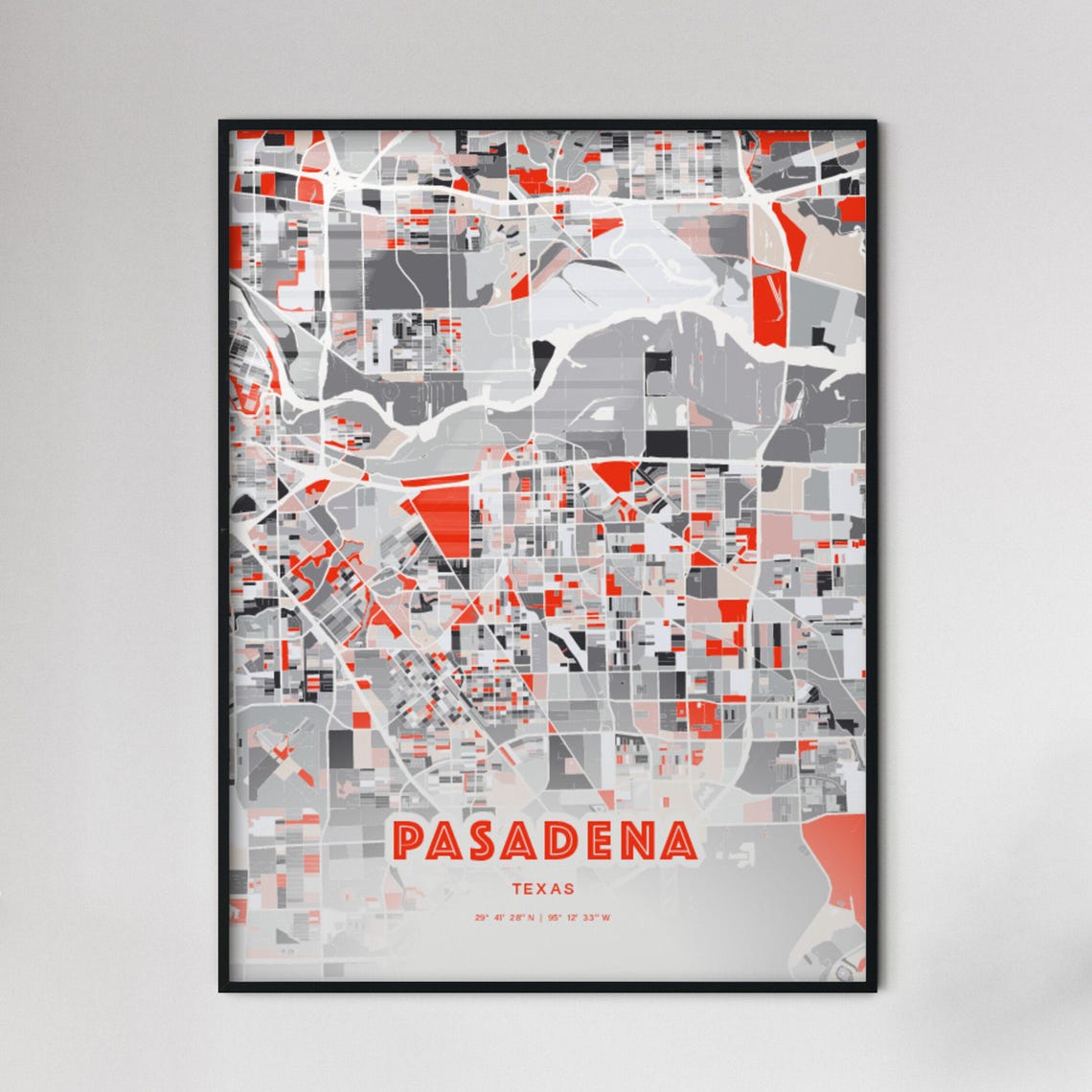 Pasadena Texas City Map Art Modern Red Gray Coordinate Poster