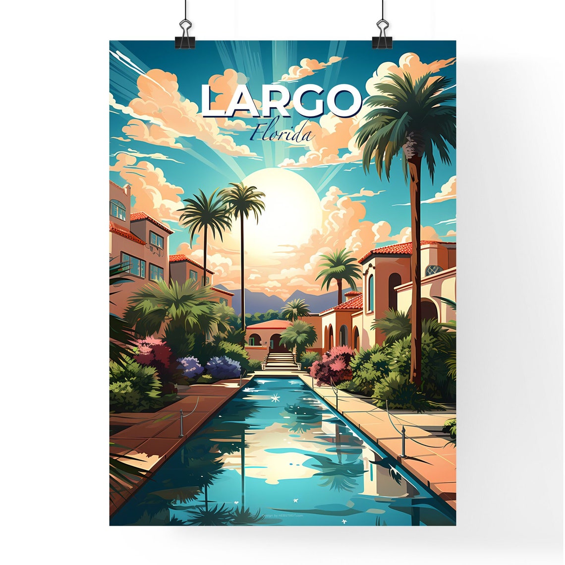 Largo Florida Tropical Courtyard Pool Sunset Vintage Travel Poster - Image 4