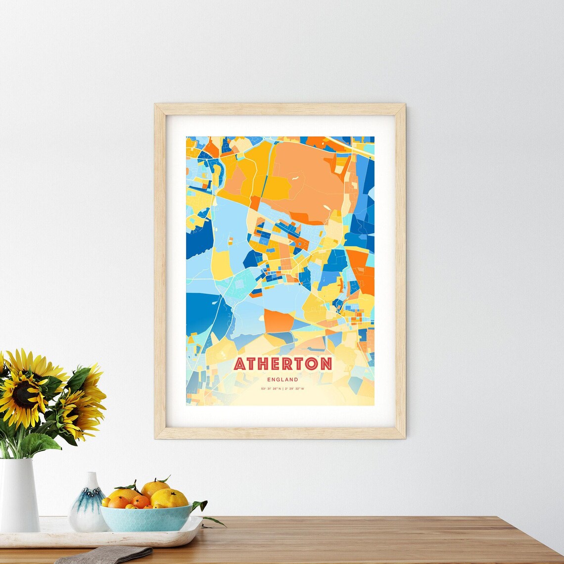 Atherton England Colorful Blue and Orange Retro City Street Map Wall Art - Image 2
