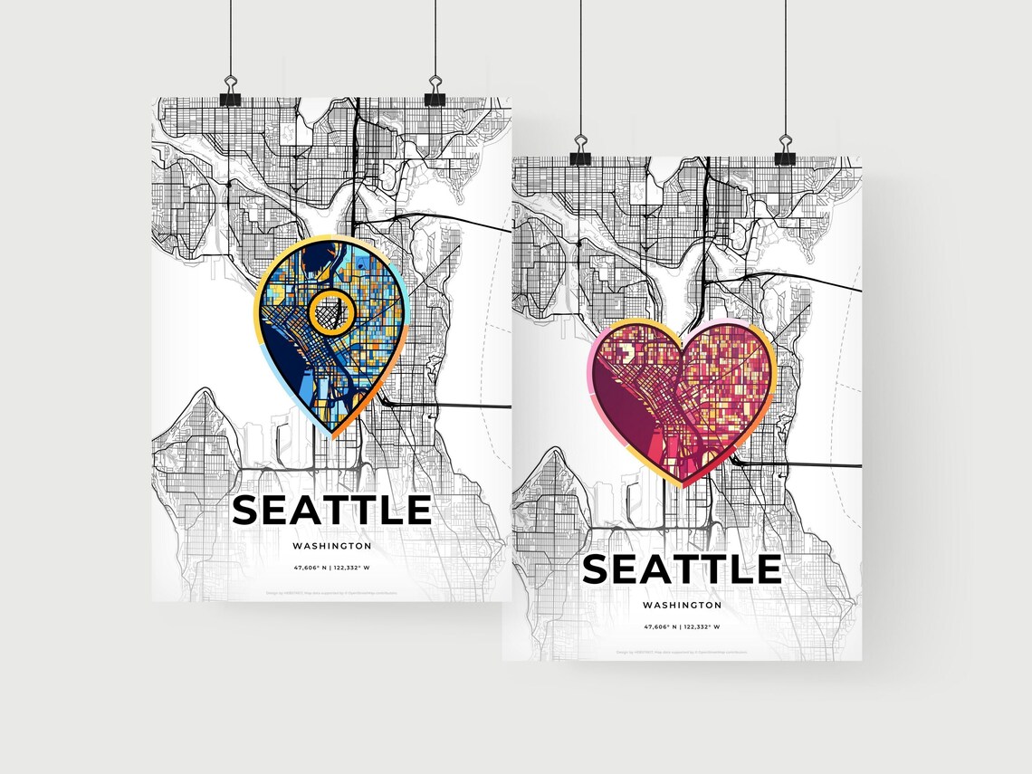 Seattle Washington Minimal City Map Colorful Heart Icon Art Poster - Image 2