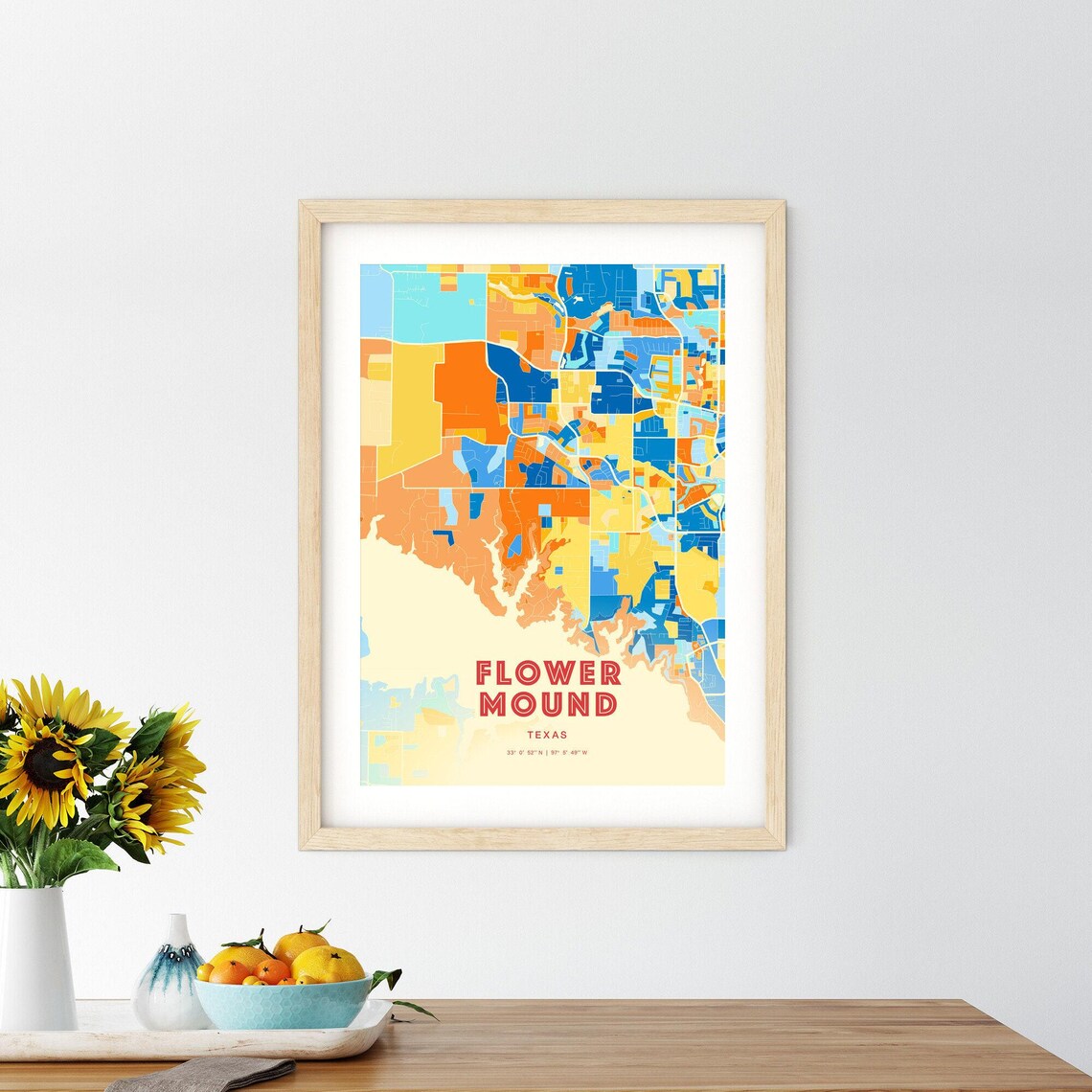 Modern Blue and Orange City Street Map Art Poster of Flower Mound Texas - Image 2