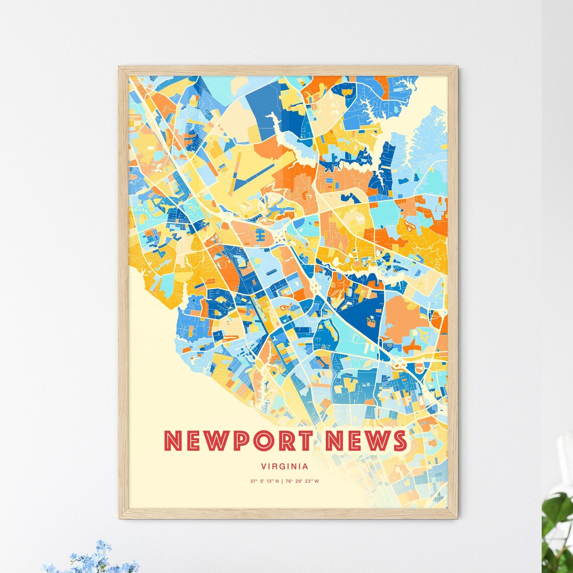 Colorful Newport News Virginia Blue Orange Fine Art Print Newport News Usa City Map Customizable Poster Print Personalized Gift