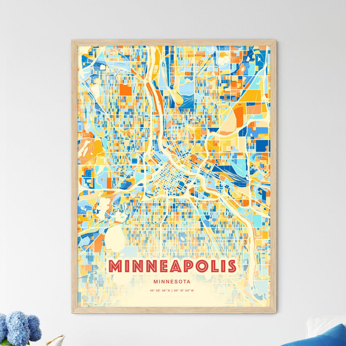 Minneapolis Minnesota Vibrant Blue and Orange City Map Art Poster