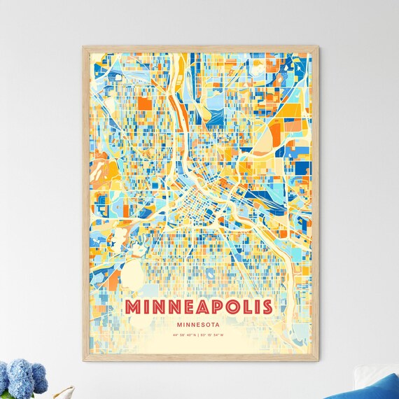 Minneapolis Minnesota Vibrant Blue and Orange City Map Art Poster