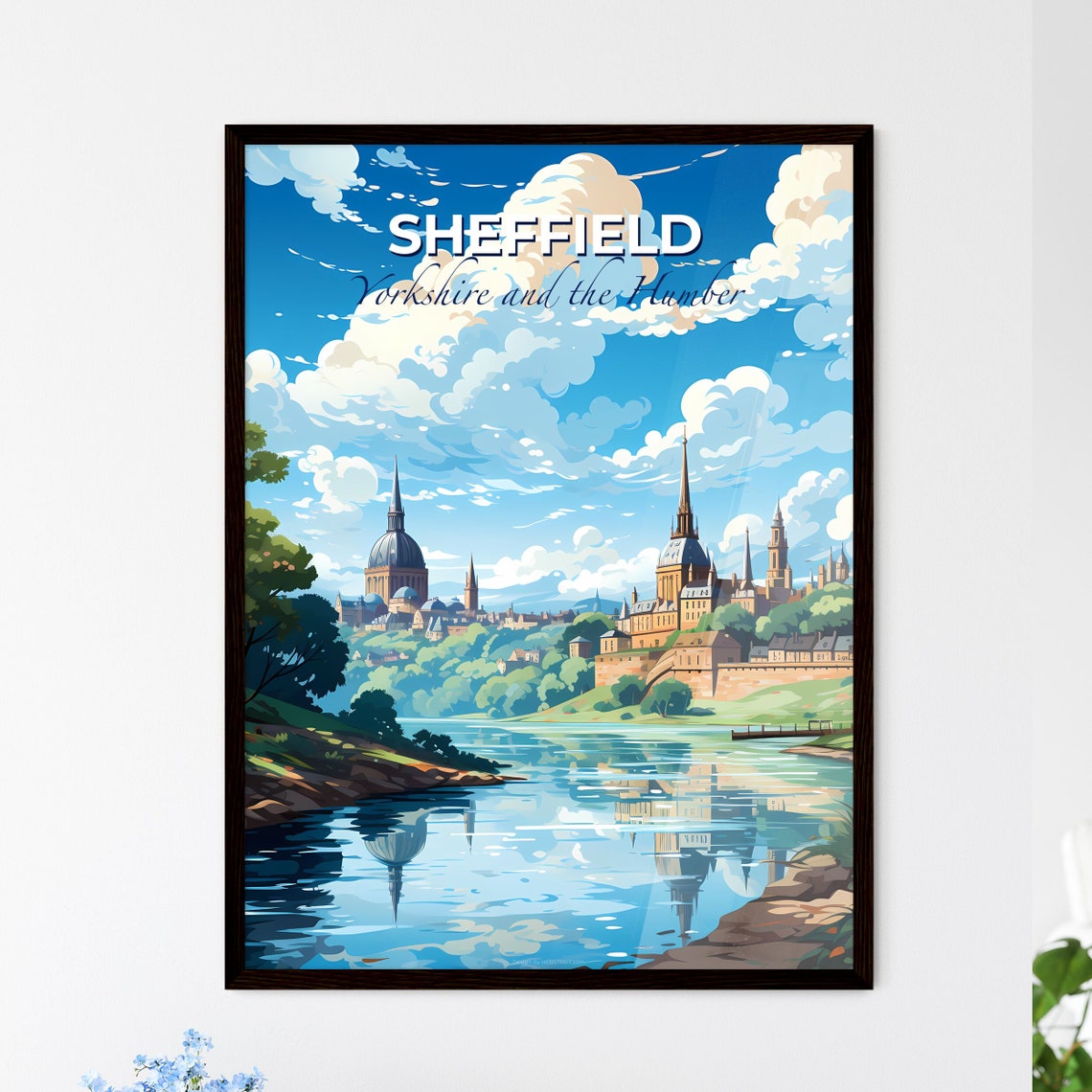 Sheffield Yorkshire River Reflection Spires Domes Travel Poster