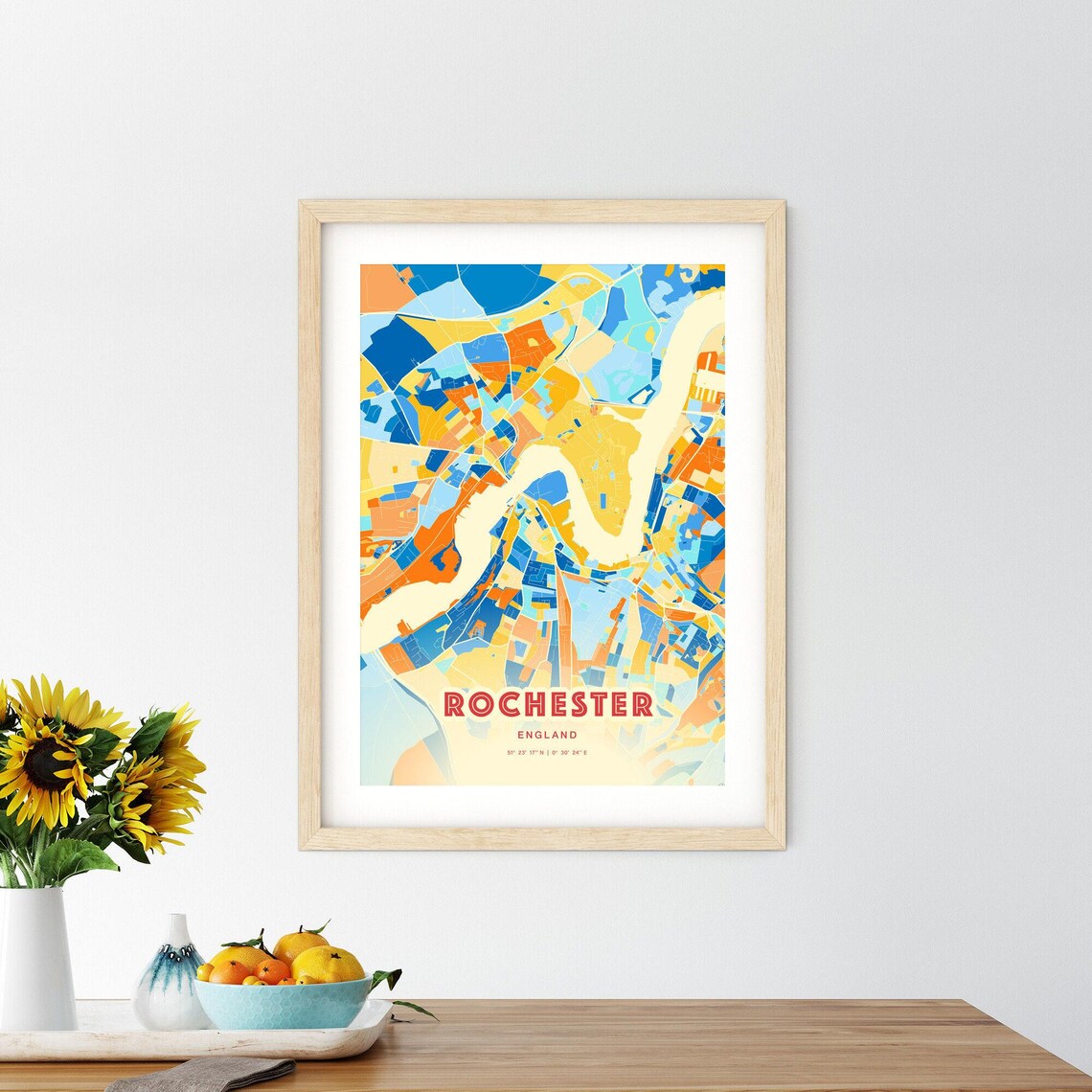 Rochester England Colorful Blue and Orange Retro City Street Map Wall Art - Image 2