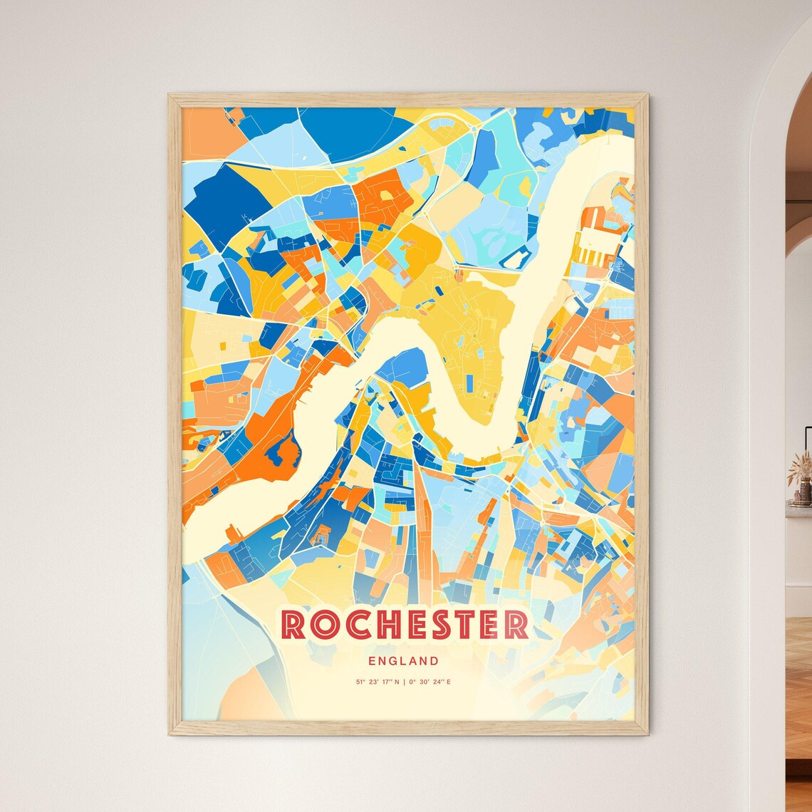 Rochester England Colorful Blue and Orange Retro City Street Map Wall Art