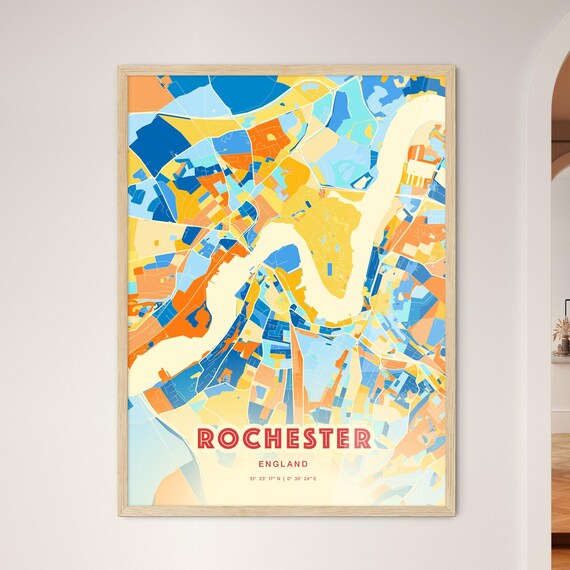 Rochester England Colorful Blue and Orange Retro City Street Map Wall Art