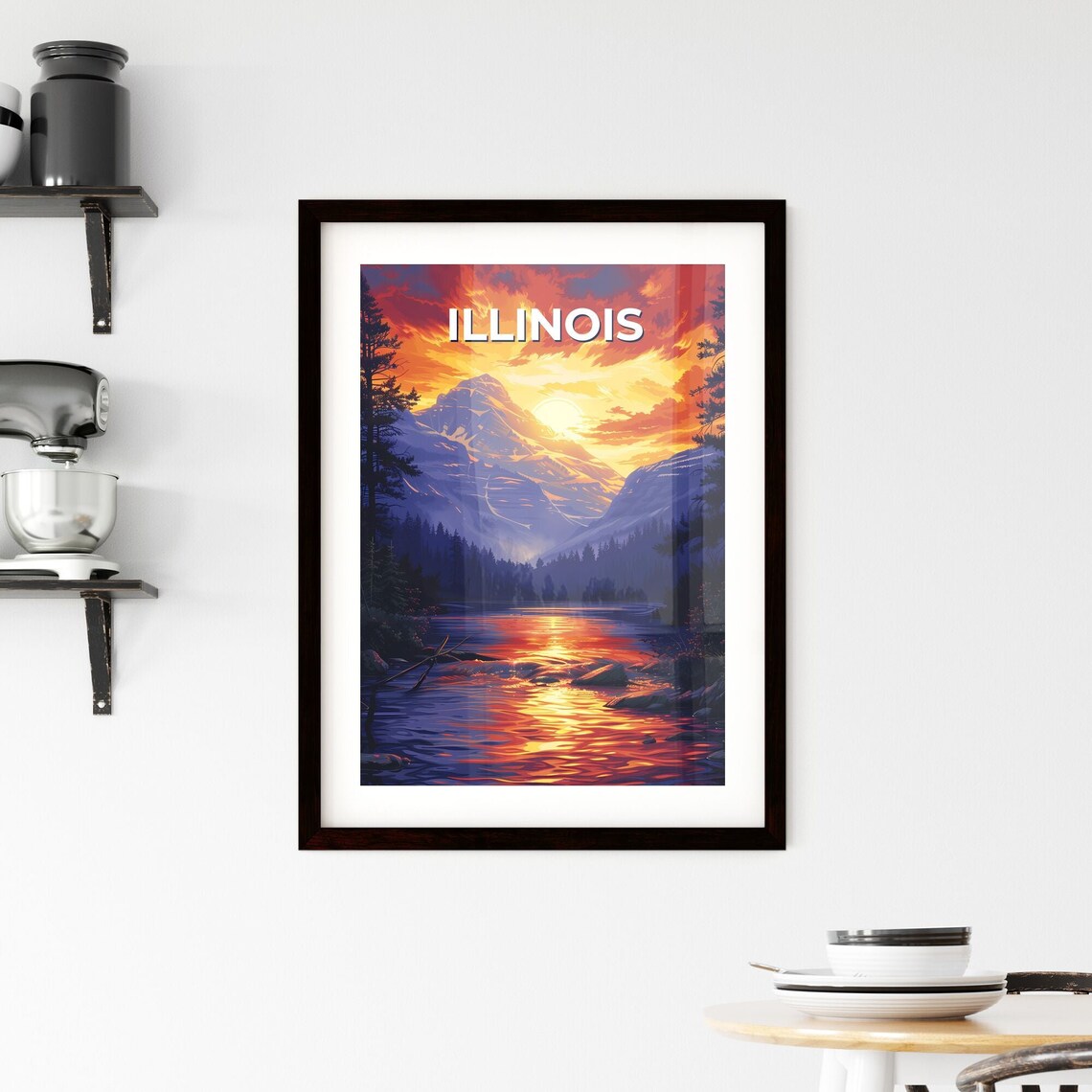 Illinois Mountain River Sunset Fiery Sky Pines Vintage Travel Poster - Image 2