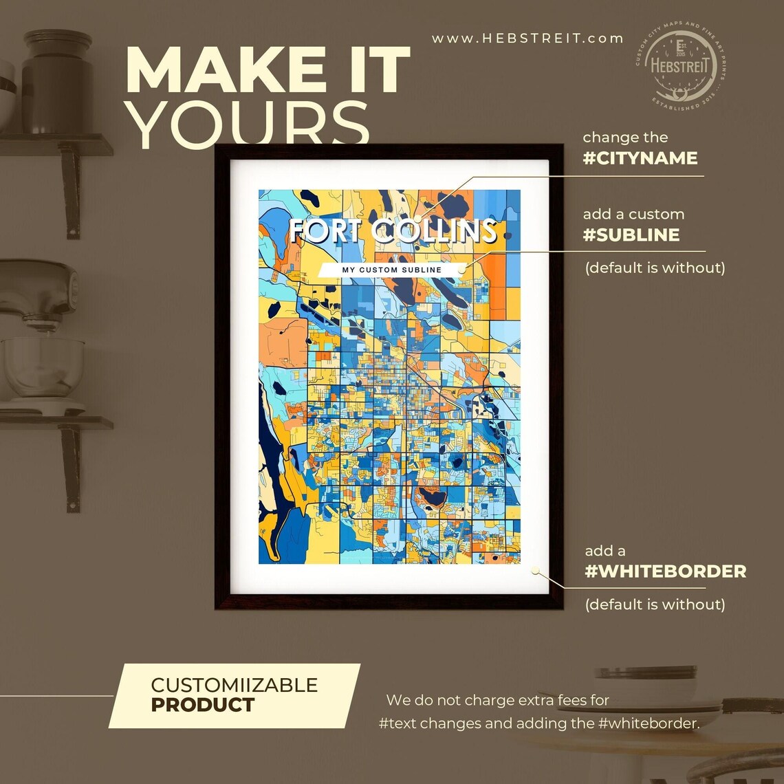 Fort Collins Colorado Colorful Modern City Street Map Artwork Poster - Image 2