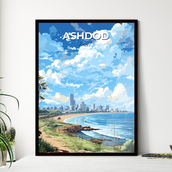 Ashdod Israel Sunny Beach Travel Poster Sea Shore Skyline Artwork