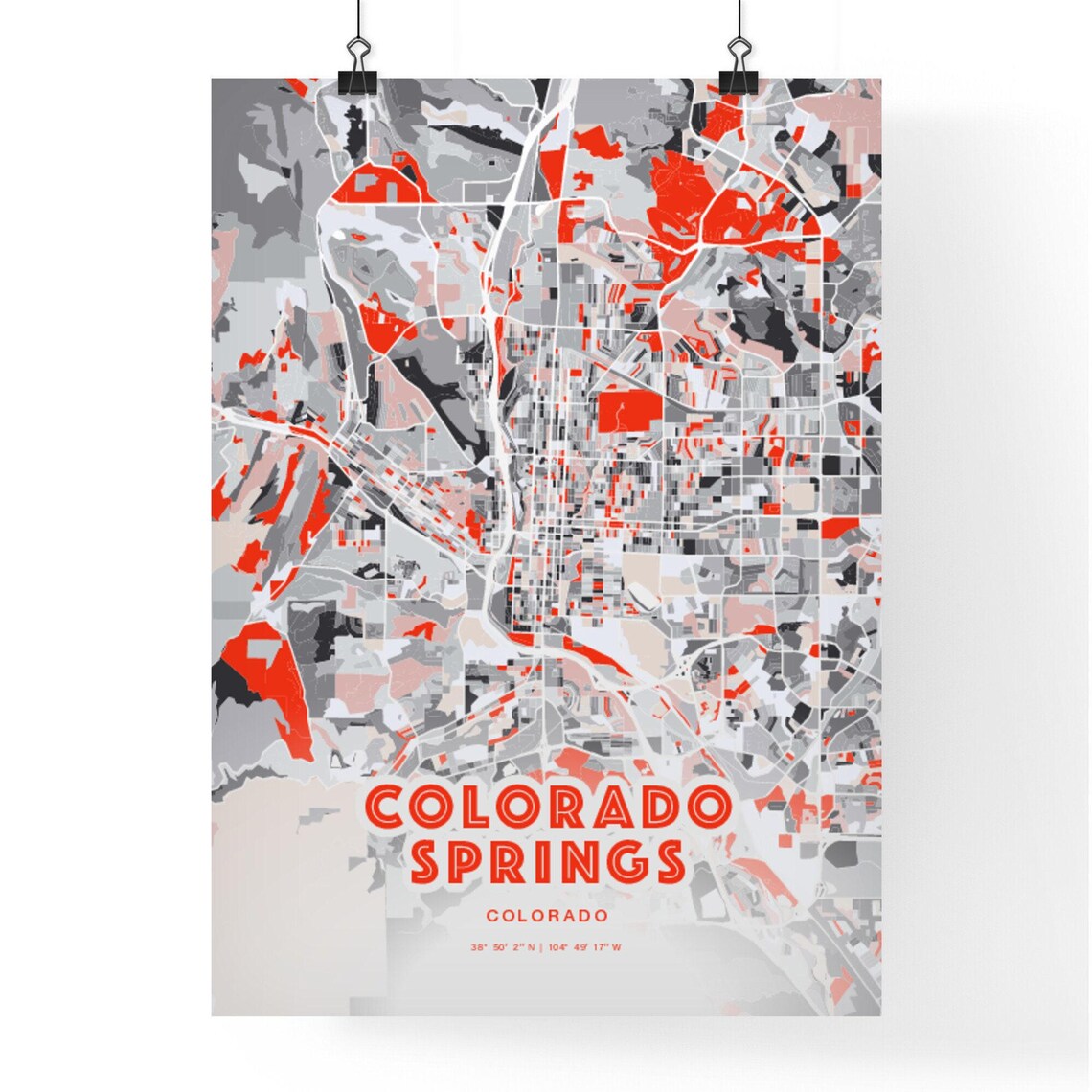 Colorado Springs Colorado Bold Red Modern City Street Map Artwork Poster - Image 3