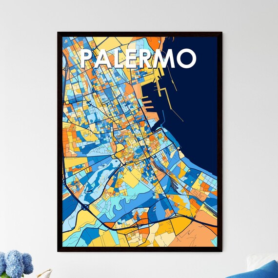 Palermo Italy Colorful Geometric City Map Art Poster in Blue and Orange