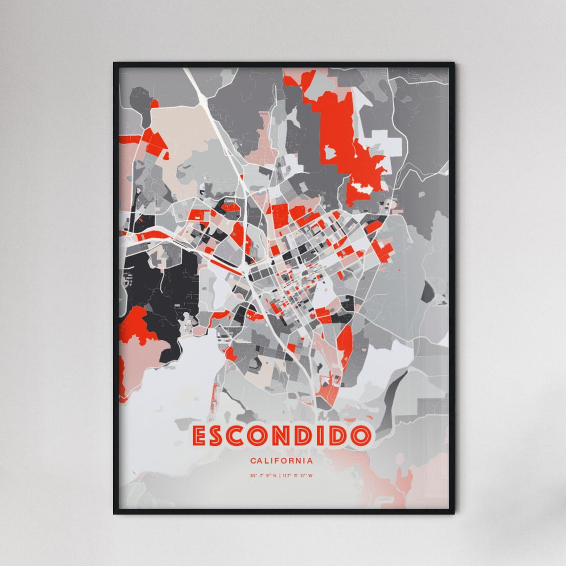 Escondido California City Map Art Modern Red Gray Decor Poster