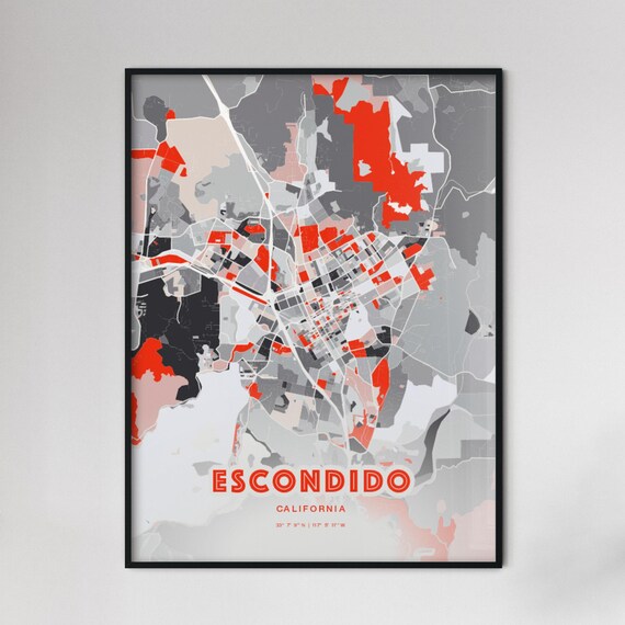 Escondido California City Map Art Modern Red Gray Decor Poster