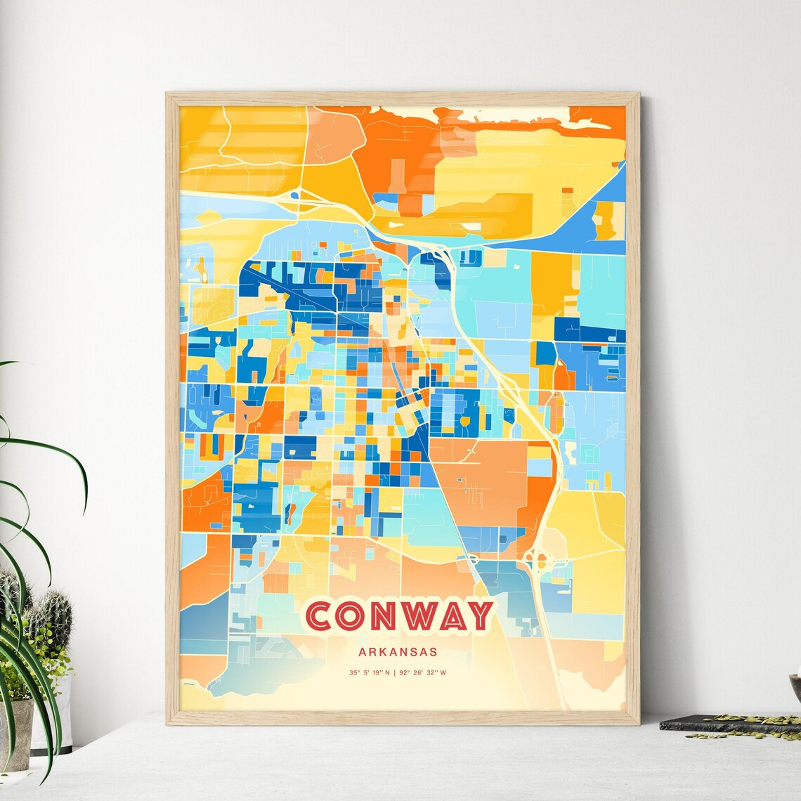 Conway Arkansas Colorful Blue and Orange Retro City Street Map Wall Art - Image 3