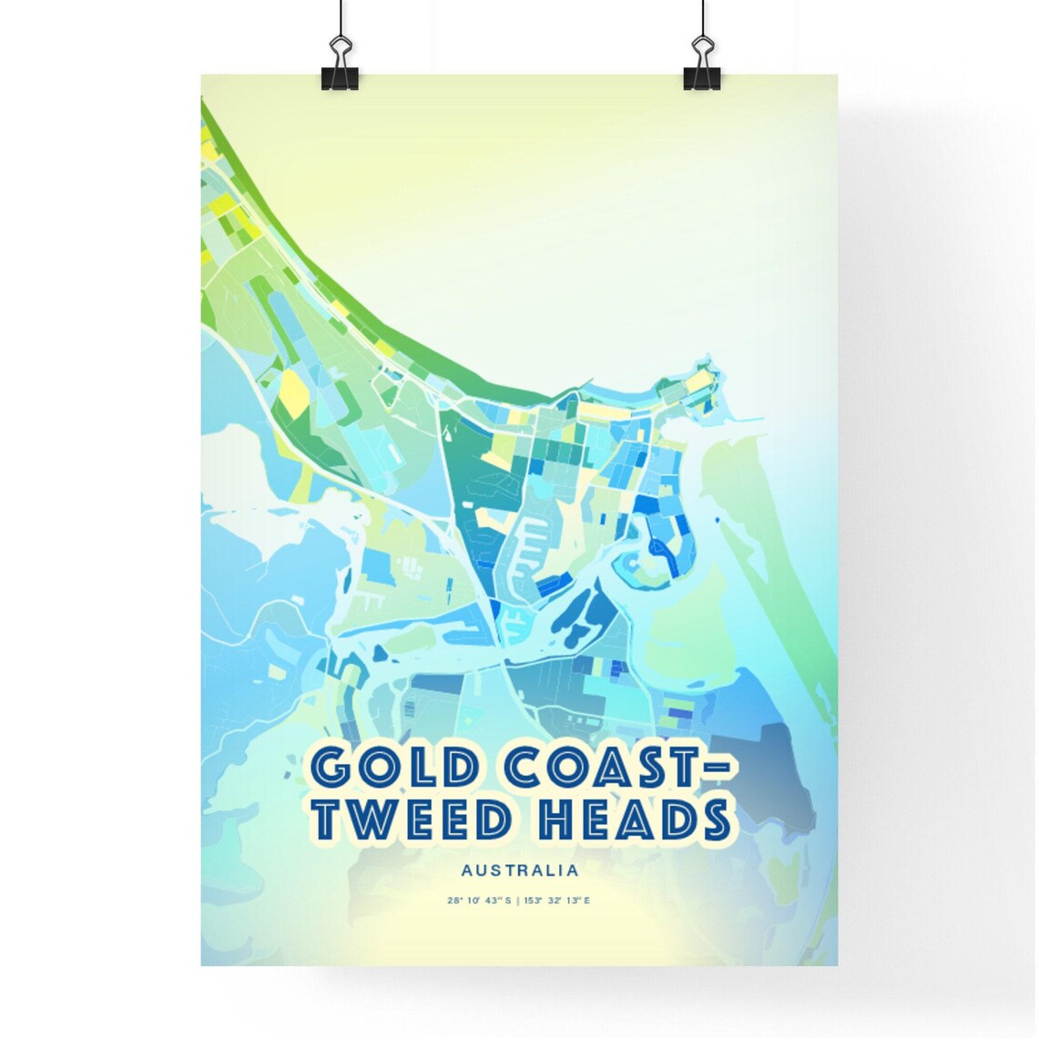 Gold Coast-Tweed Heads Australia Bluish Watercolor City Map Art Poster Wall Decor - Image 3
