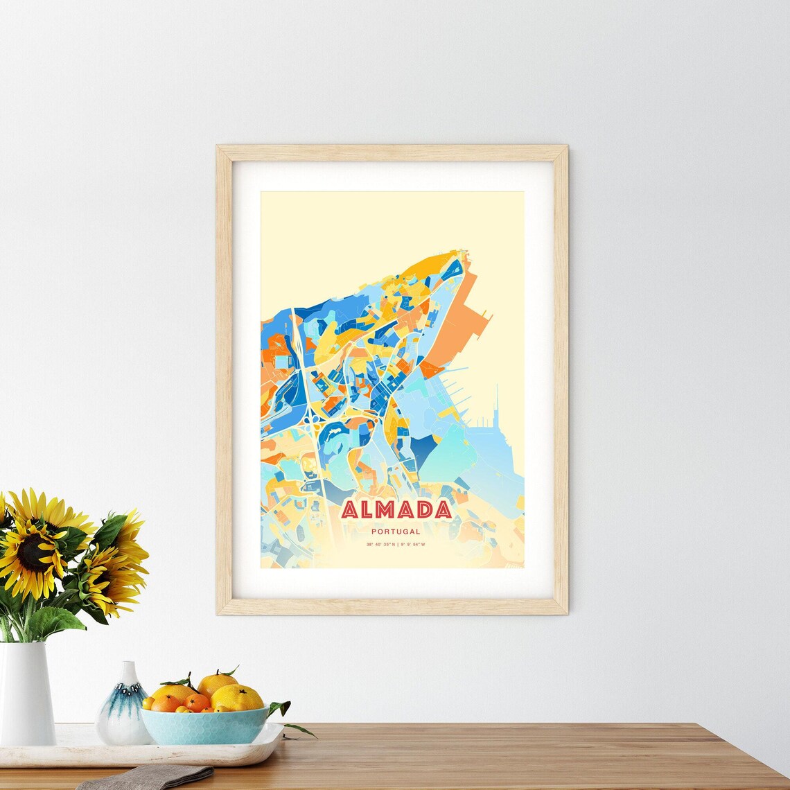 Almada Portugal Modern Geometric Blue Orange City Map Art Poster - Image 2
