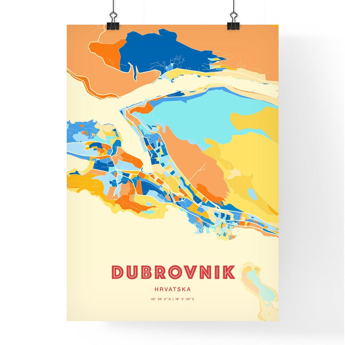 Dubrovnik Croatia Colorful Blue Orange Adriatic City Map Art Print - Image 3