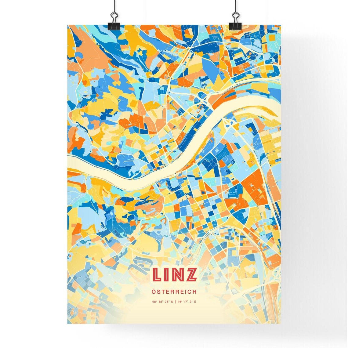 Linz Austria Modern Geometric Blue Orange City Map Art Poster - Image 3