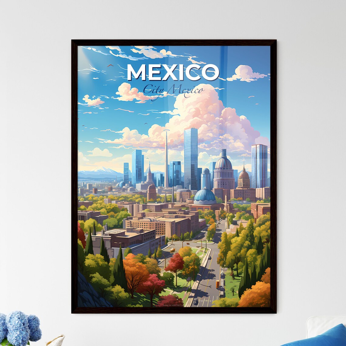 Mexico City Mexico Skyline Domes Tree Lined Street Travel Poster