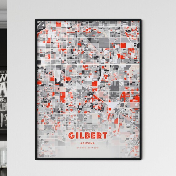 Gilbert Arizona City Map Art Modern Red Gray Coordinate Poster