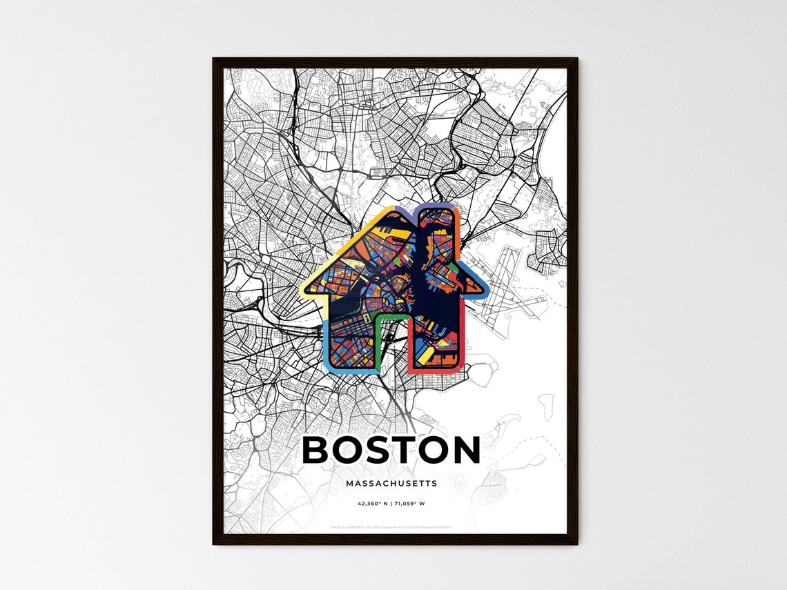 Boston Massachusetts Minimal Map Art With Colorful Heart Icon Poster - Image 3