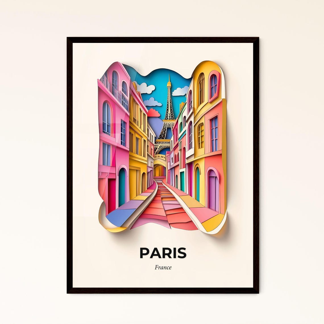 Paris France Eiffel Tower Colorful Paper Cut City Art Poster