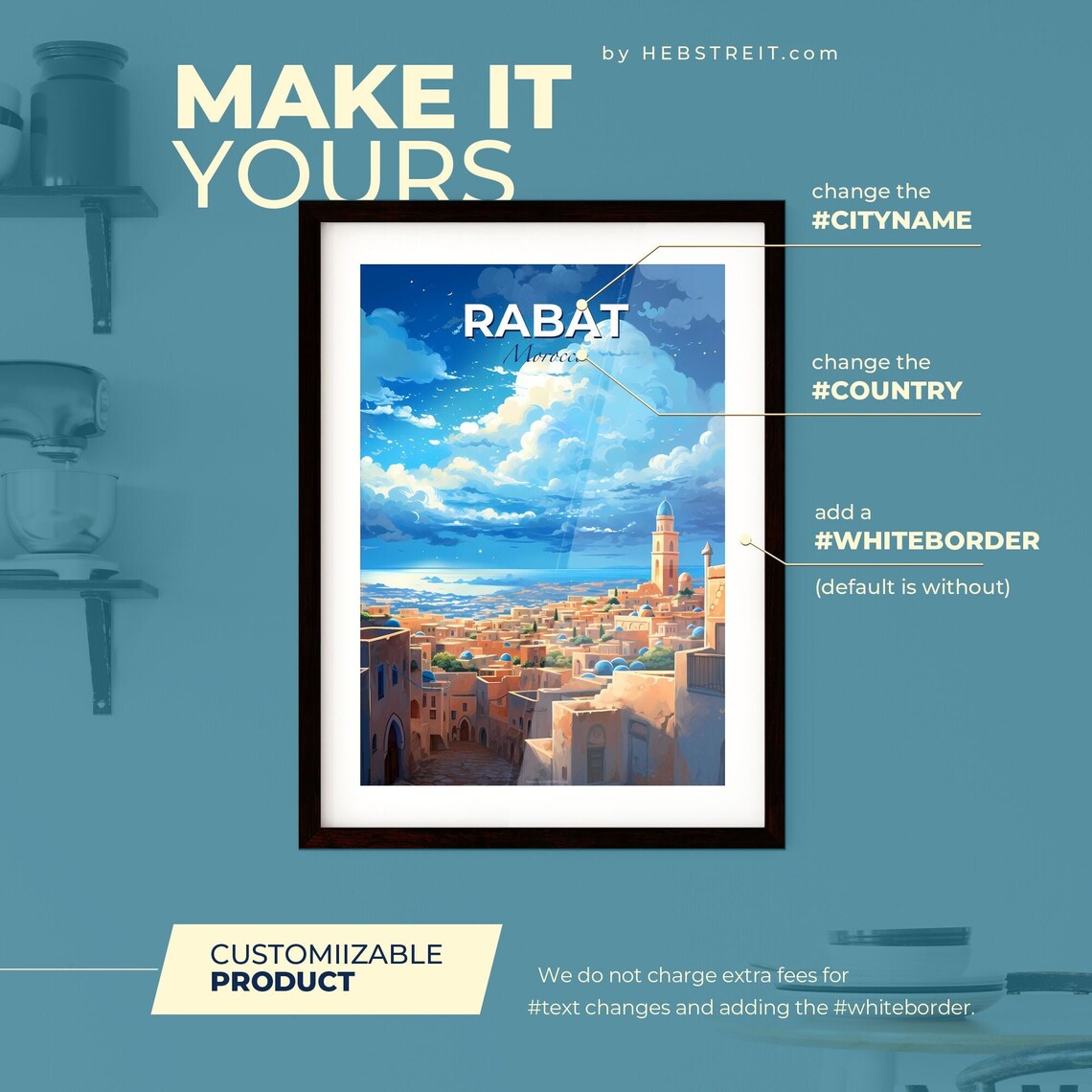 Rabat Morocco Travel Poster Blue Domes Old Town City Skyline Sunset Art - Image 2