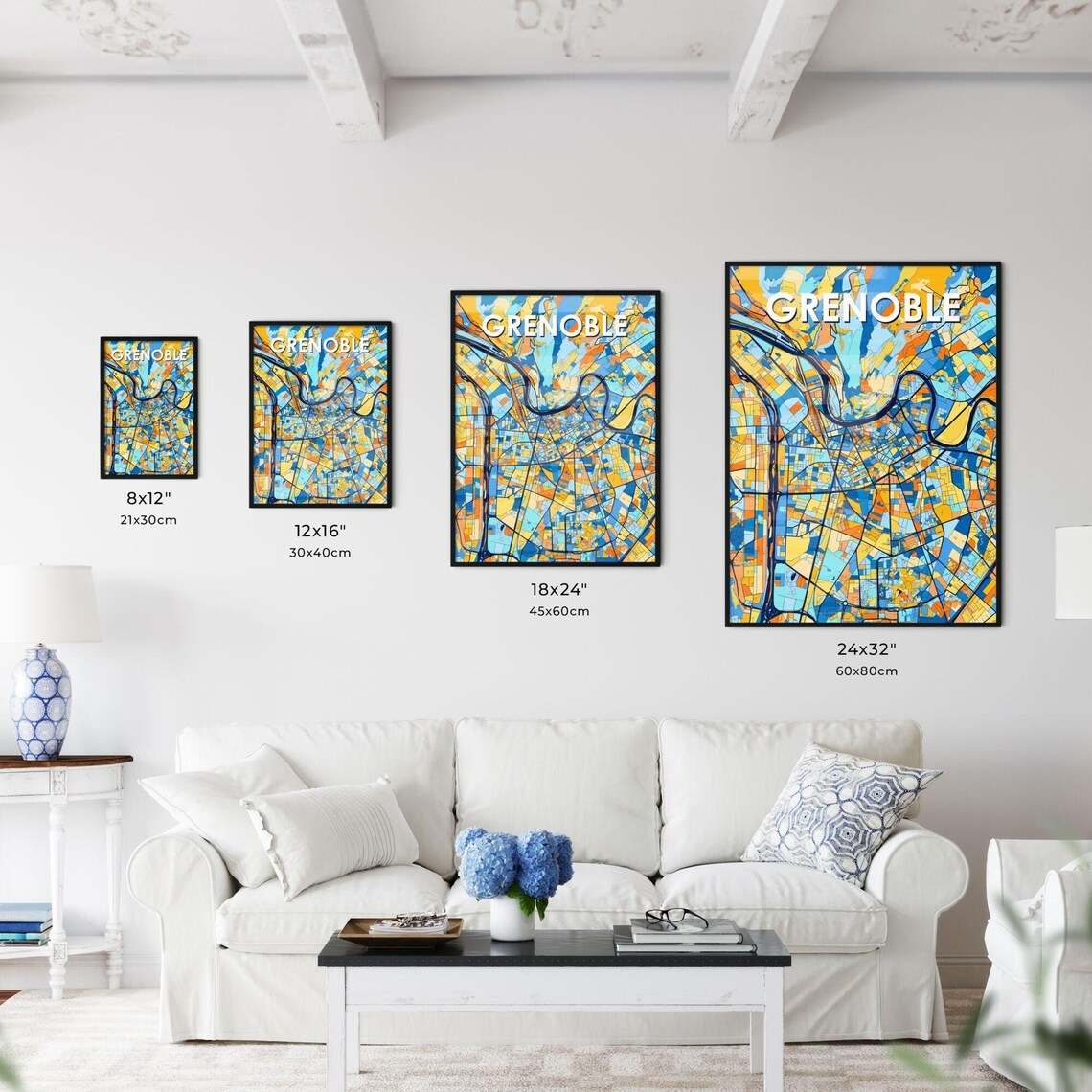 Grenoble France Colorful Geometric City Map Art Poster in Blue and Orange - Image 3