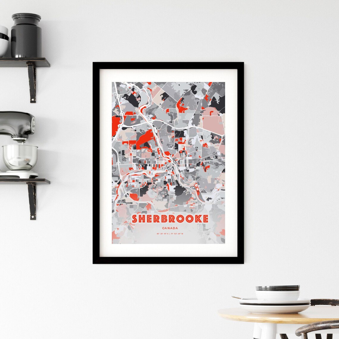 Sherbrooke Canada Modern Red Expressive City Map Poster with Coordinates - Image 2