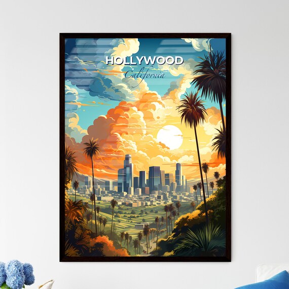Hollywood California Sunset Skyline Palm Trees Vintage Travel Poster