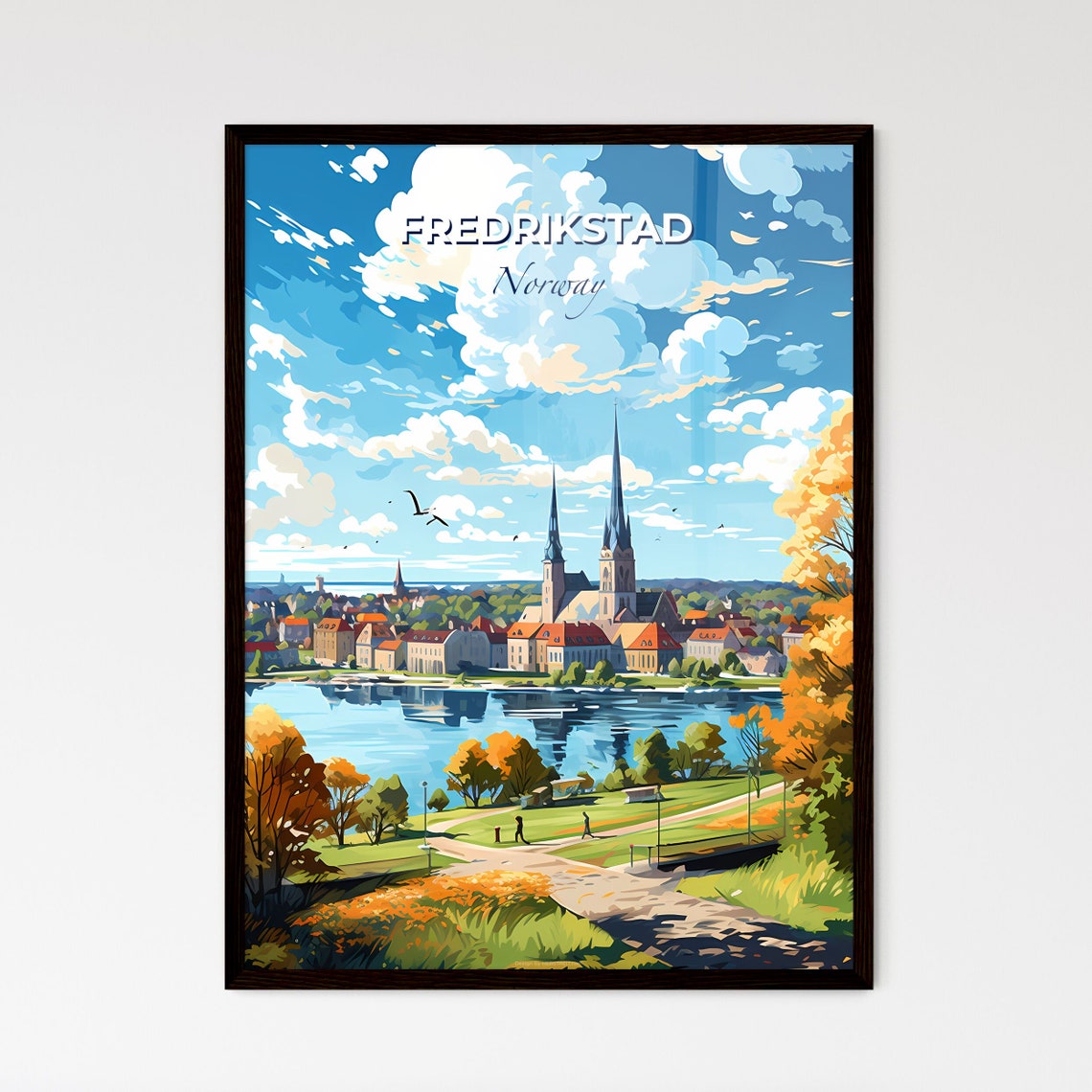 Fredrikstad Norway Illustrated Twin Spire Cathedral Travel Poster