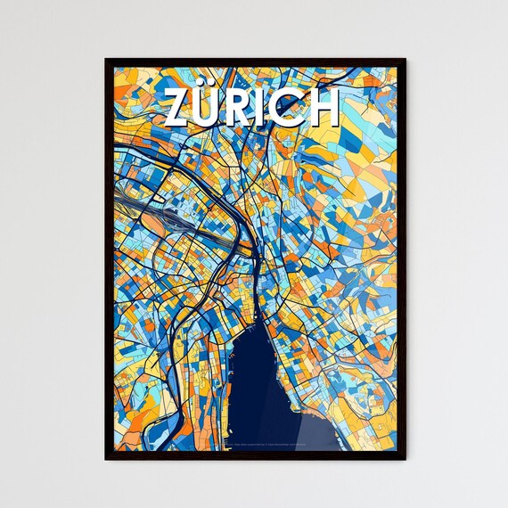 Zürich Switzerland Vibrant Geometric City Map Art Poster in Blue and Orange