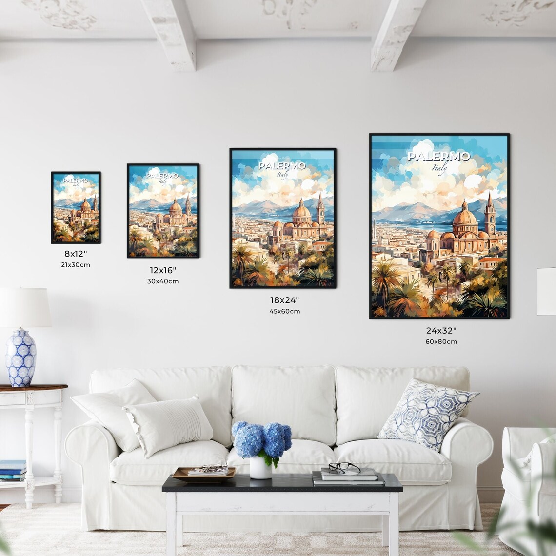 Palermo Italy Travel Poster Cathedral Dome Palm Trees Sea Mountains Art - Image 3
