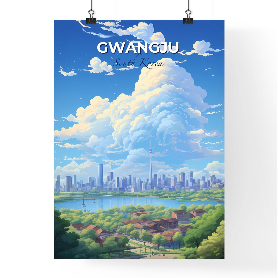 Gwangju South Korea Skyline Lake Clouds Vintage Travel Poster - Image 4