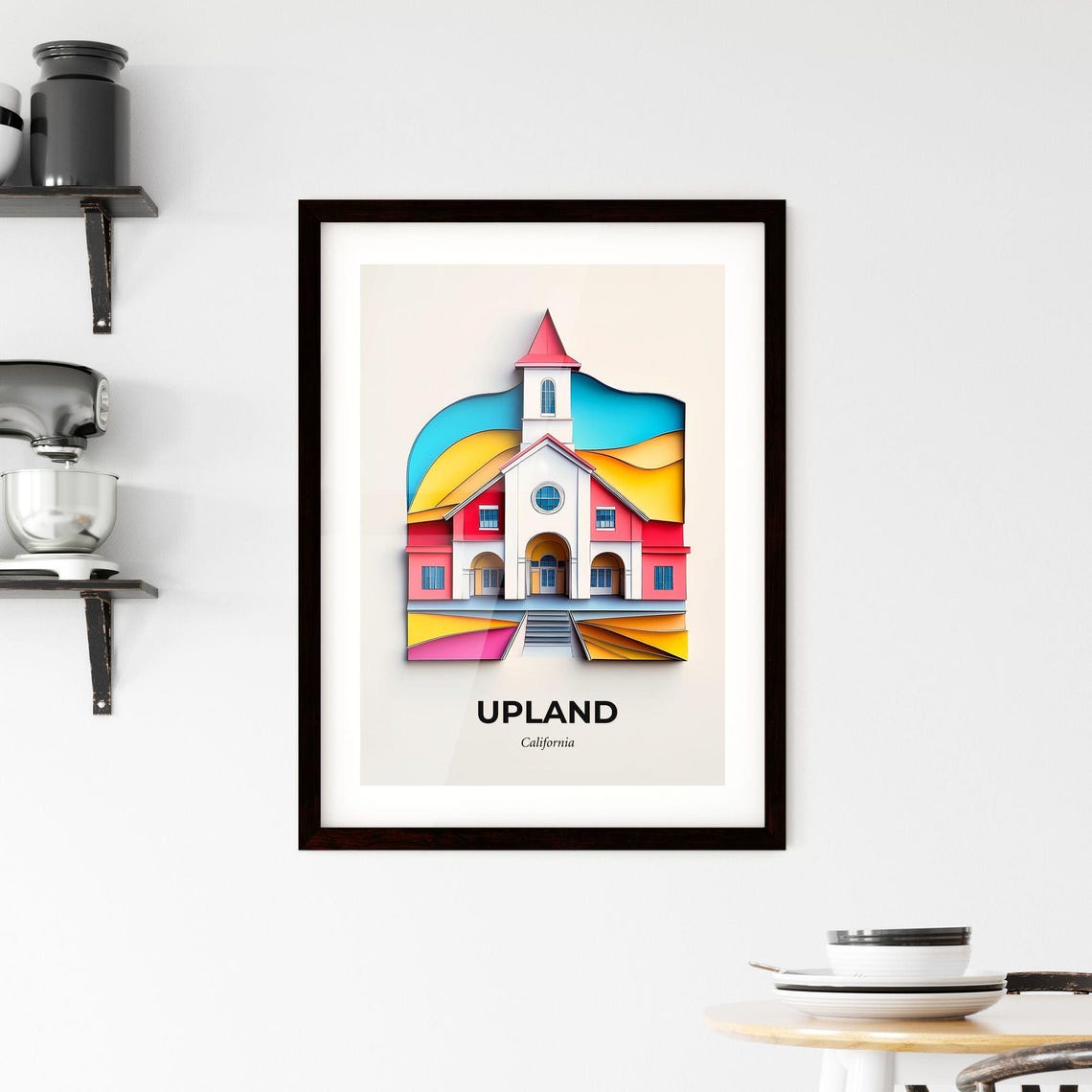 Upland California Red Church Steeple Vivid Paper Cut Art Poster - Image 2