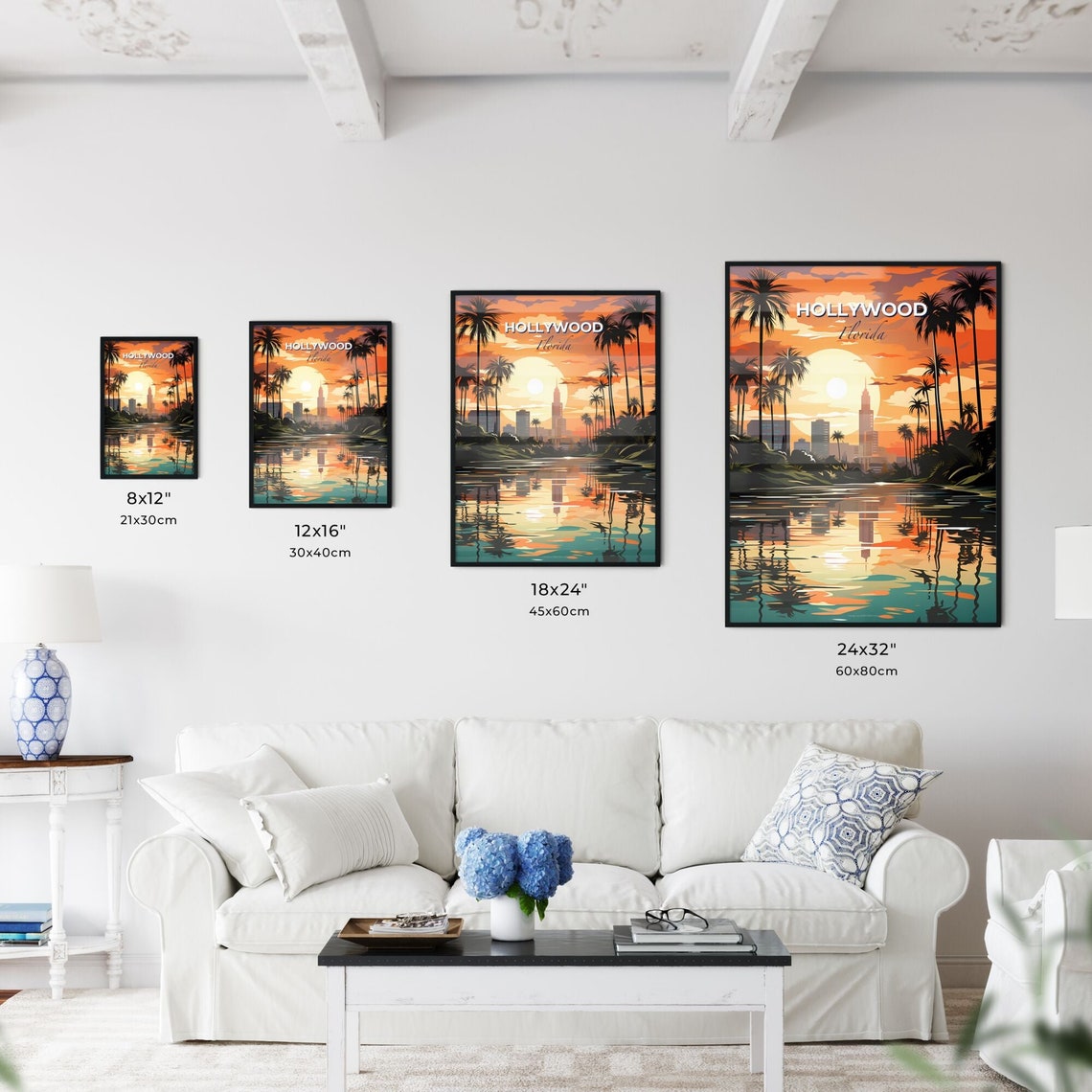 Hollywood Florida Sunset Palm Trees River Skyline Travel Poster - Image 3