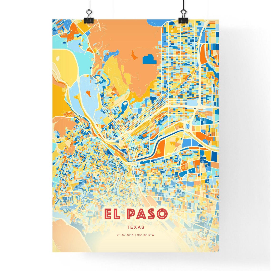 El Paso Texas Colorful Blue Orange City Street Map Coordinates Poster - Image 3
