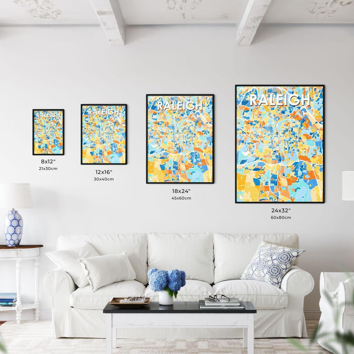 Raleigh North Carolina Vibrant Blue and Orange City Map Poster - Image 3
