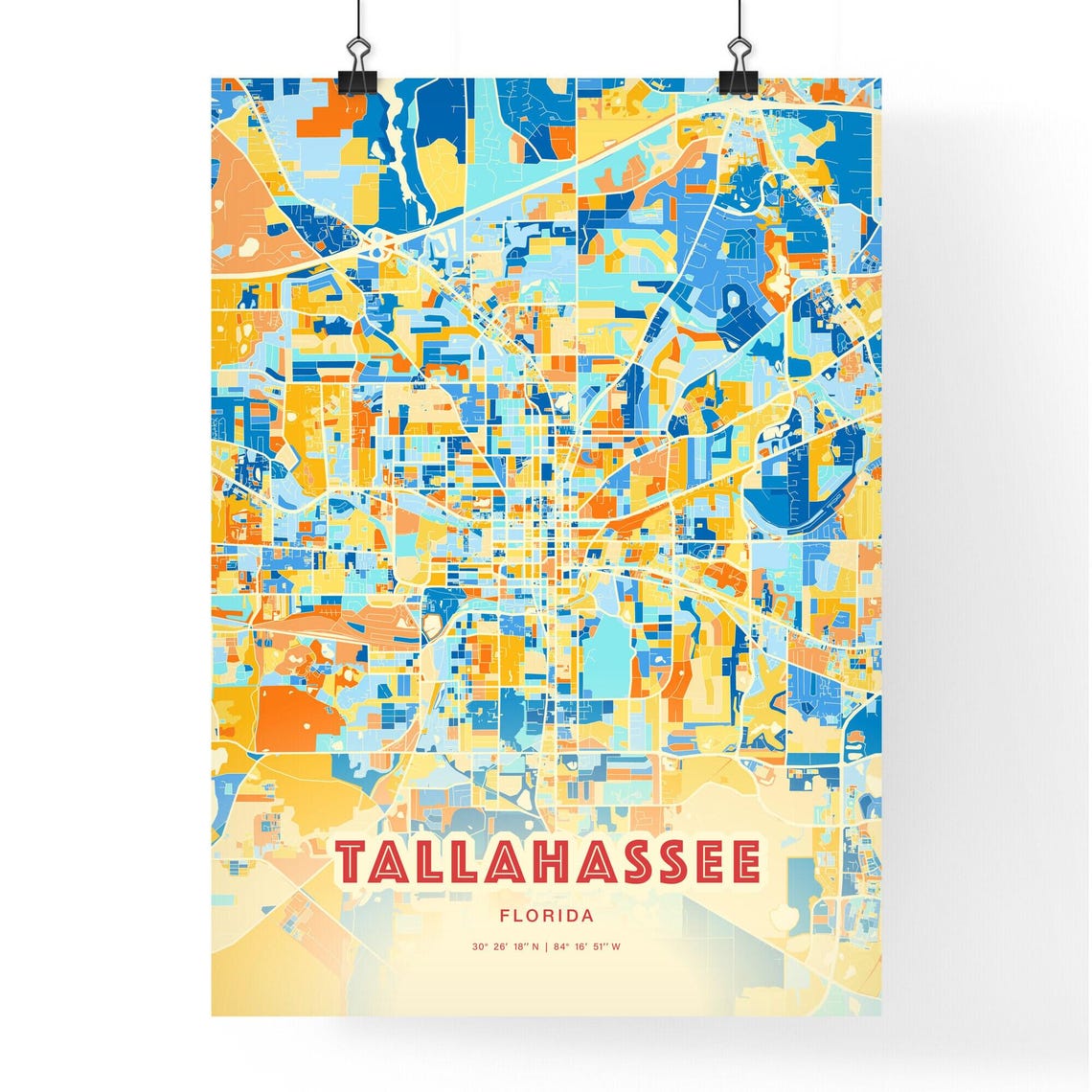 Tallahassee Florida Modern Geometric Blue Orange City Map Art Poster - Image 3