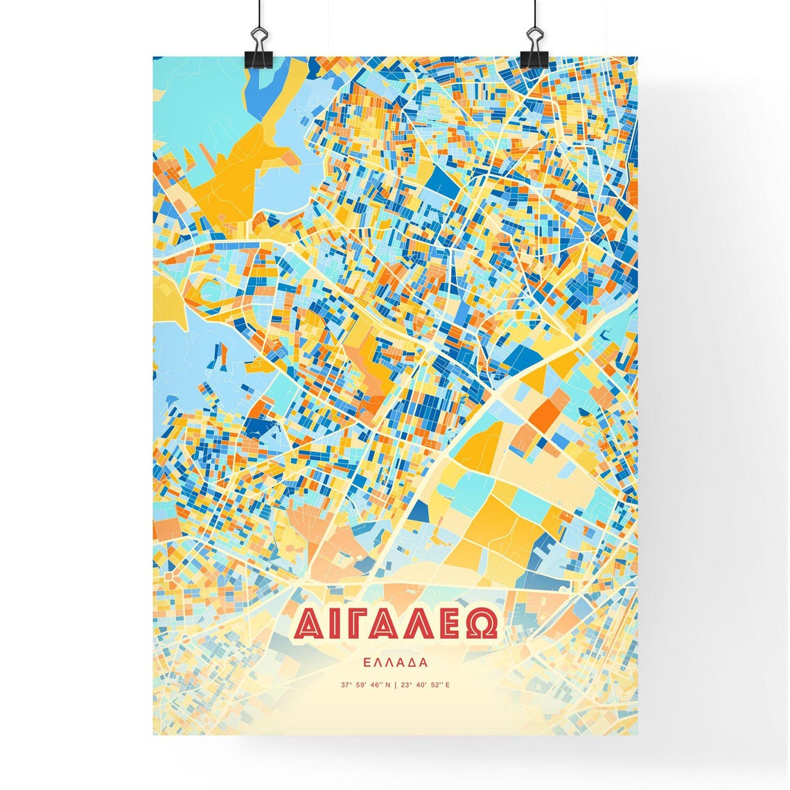 Aigaleo Greece Colorful City Map Poster Blue Orange Modern Home Decor - Image 3
