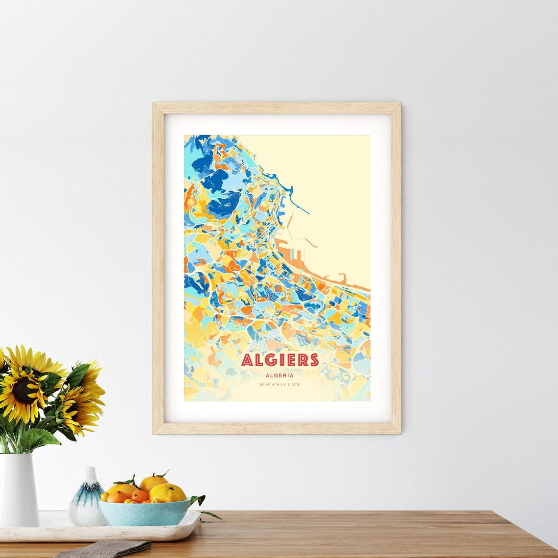 Algiers Algeria City Map Abstract Blue Orange Modern Art Print - Image 2