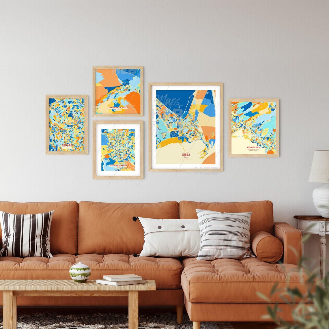 Suez Egypt City Map Blue Orange Modern Cartography Art Poster - Image 2