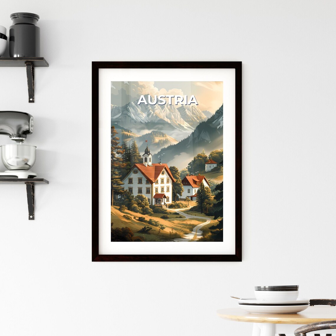 Austria Alpine Village Church Misty Mountain Valley Travel Poster - Image 2